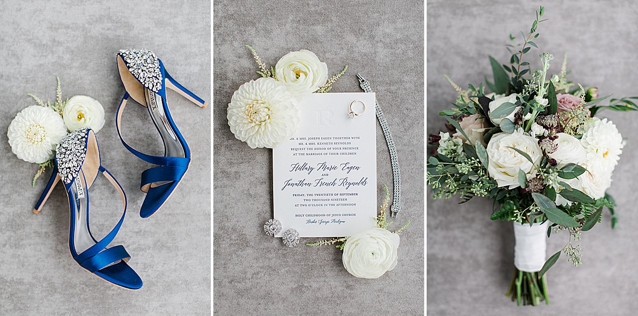 Brides blue heels, jewelry, and a bouquet
