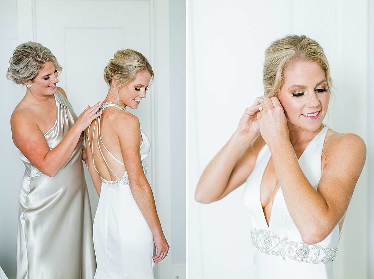 A bride getting dressed with the help of her maid of honor in Michigan