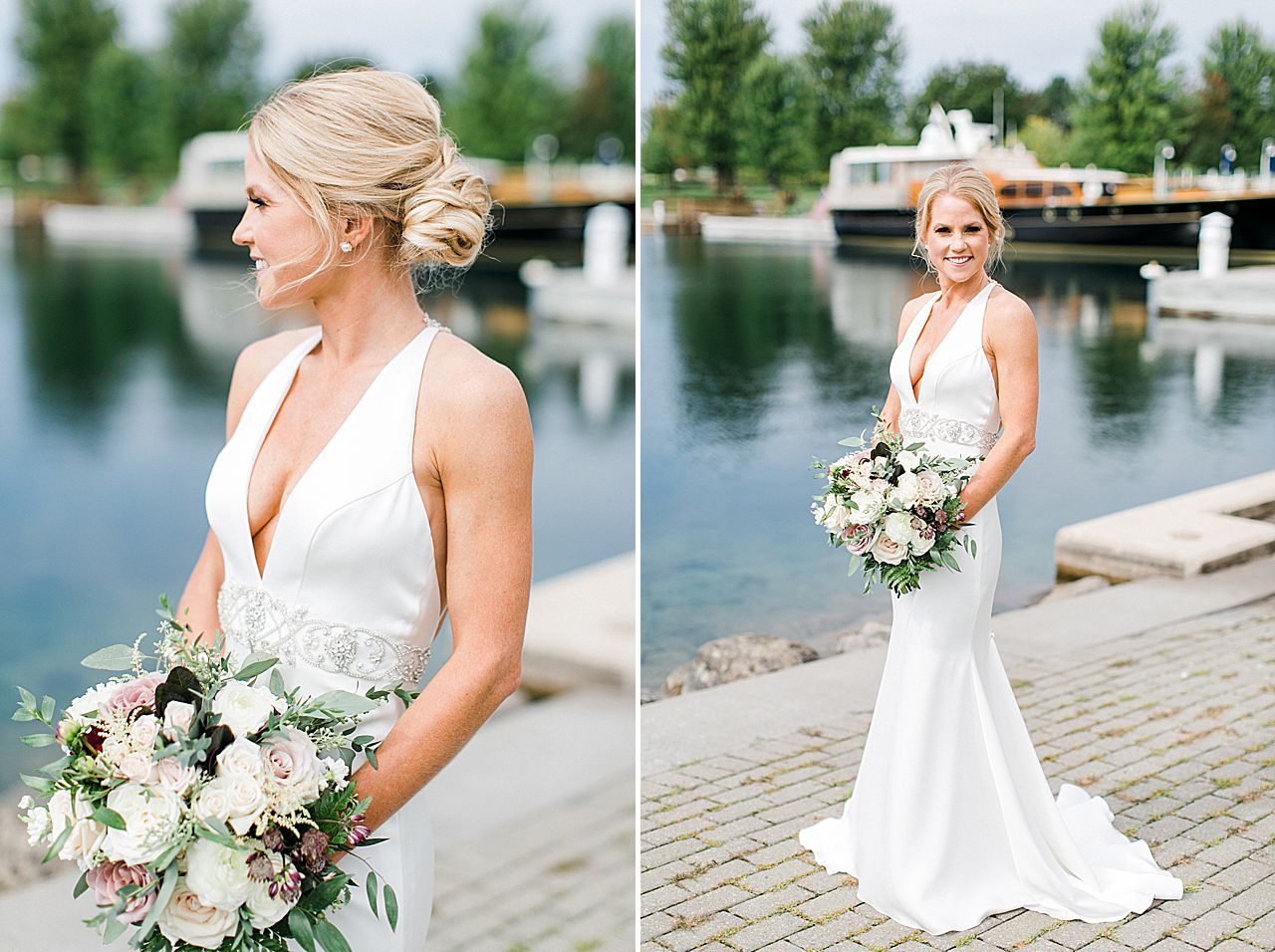 Bridal portraits by the water in Bay Harbor, Michigan