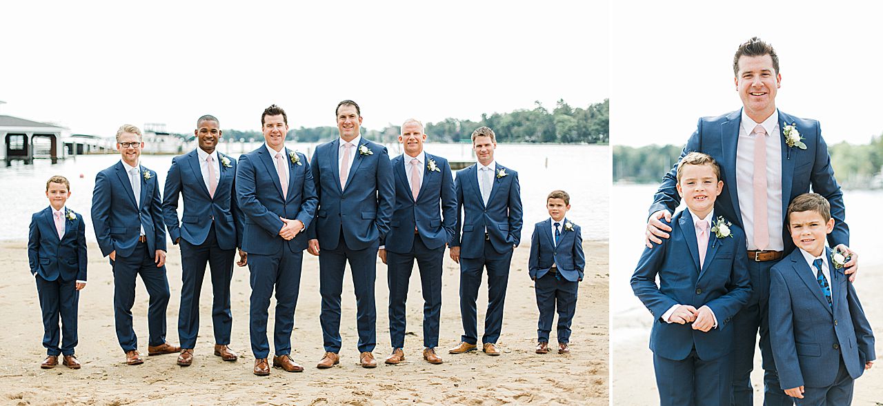 A groom and groomsmen by the water in Michigan
