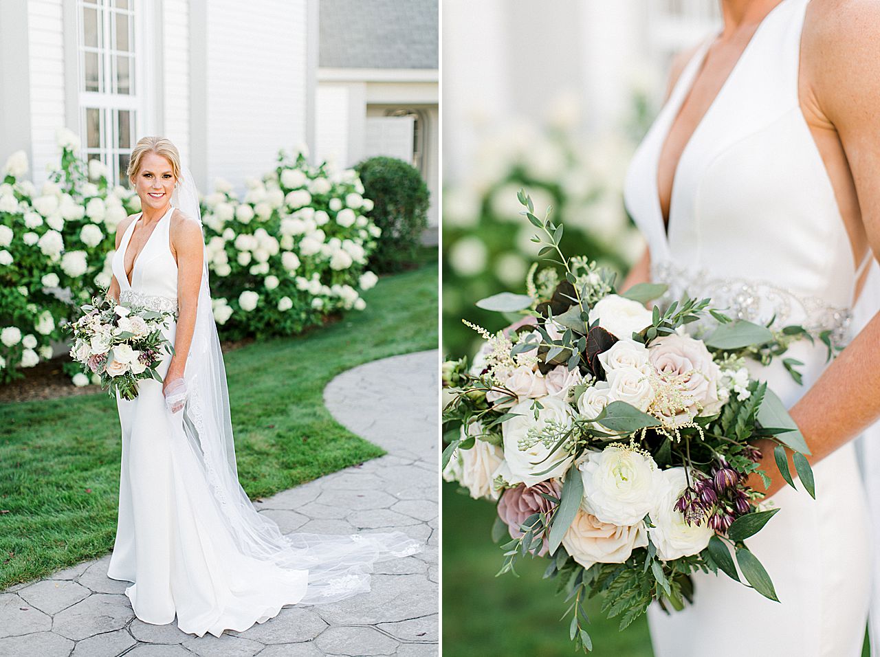 A bride portraits in Harbor Springs, Michigan with white hydrangeas in the background
