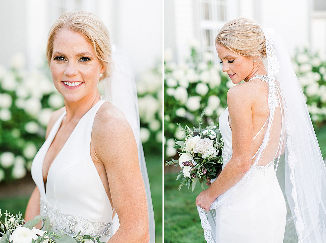 Bridal portraits in Harbor Springs, Michigan with white hydrangeas in the background