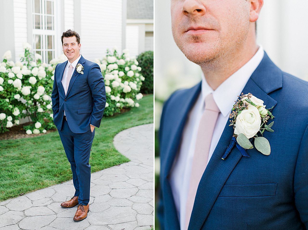 A groom in his blue suit during portraits in Northern Michigan