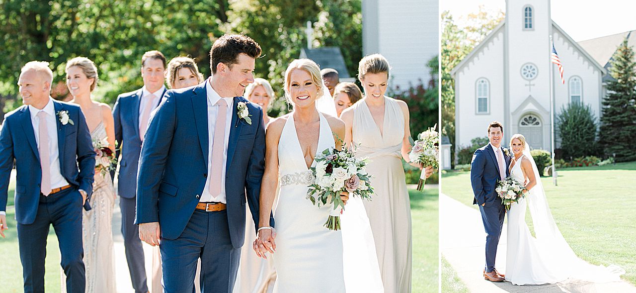 A bride and groom holding hands and walking in Harbor Springs, Michigan with their bridal party