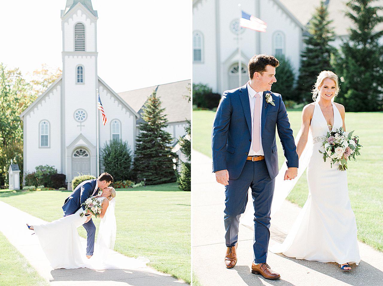 A bride and groom taking portraits on a sunny day in Northern Michigan