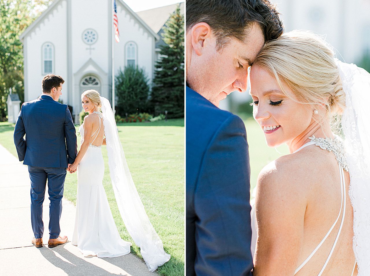 A bride and groom walking together on their wedding day in Michigan