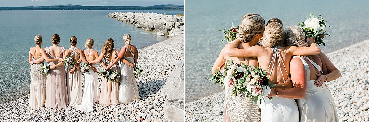 A portrait of a bride and her bridesmaids in Petoskey, Michigan by the water