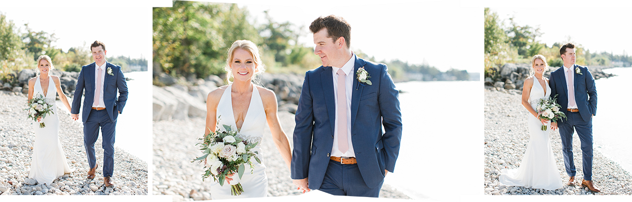 A portrait of a bride and groom in Northern Michigan by the water