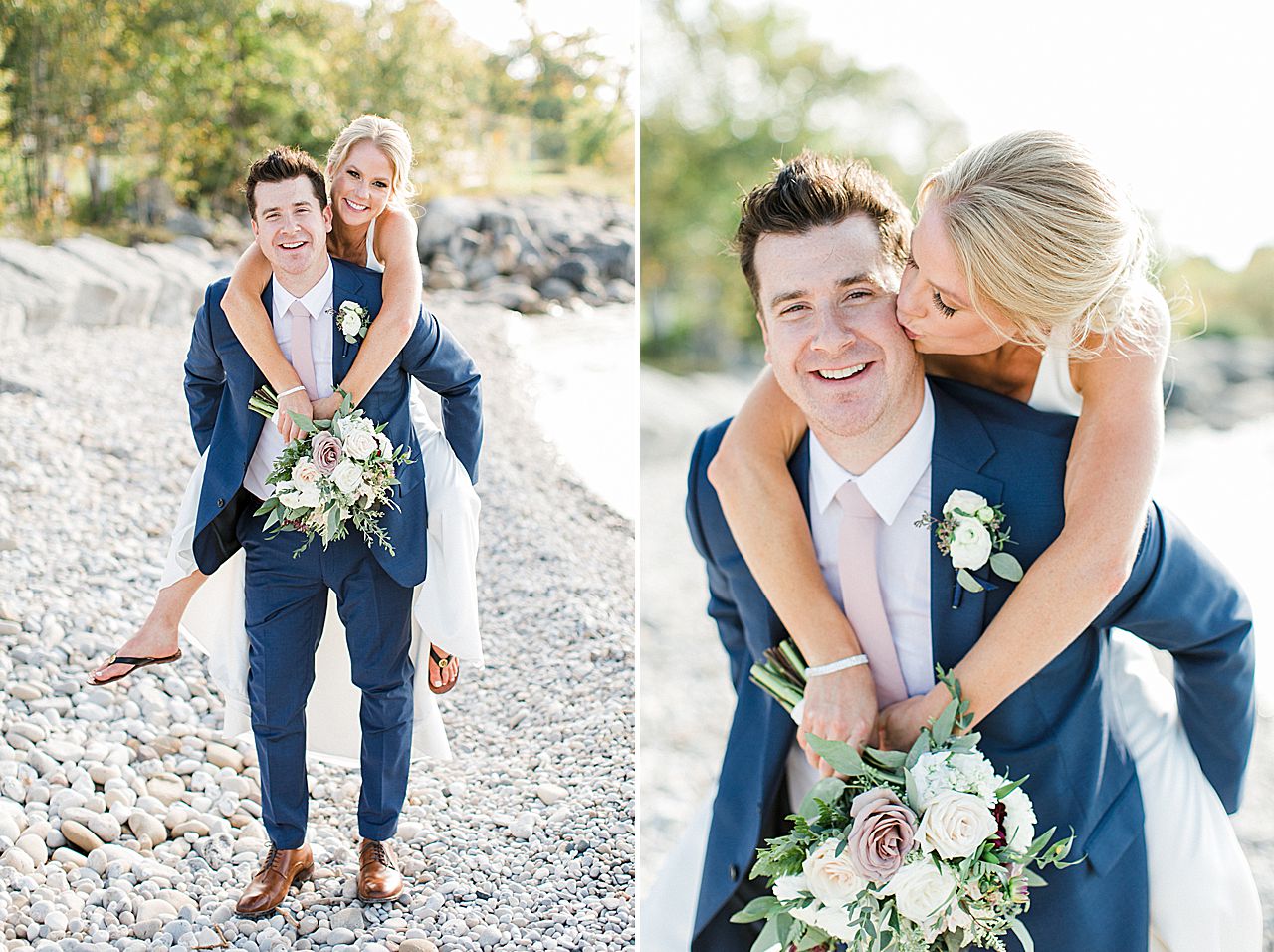 A bride getting a piggy back ride from her groom by the lake in Michigan
