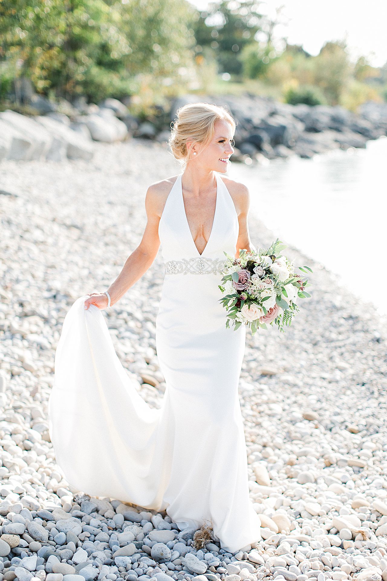A bridal portrait by the lakeshore in Michigan