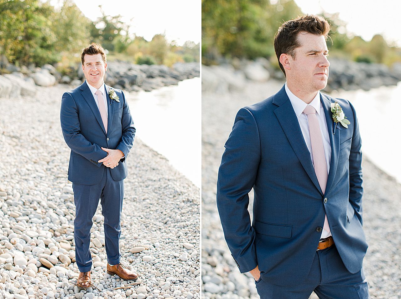 A groom in a blue suit by the lake in Petoskey, Michigan