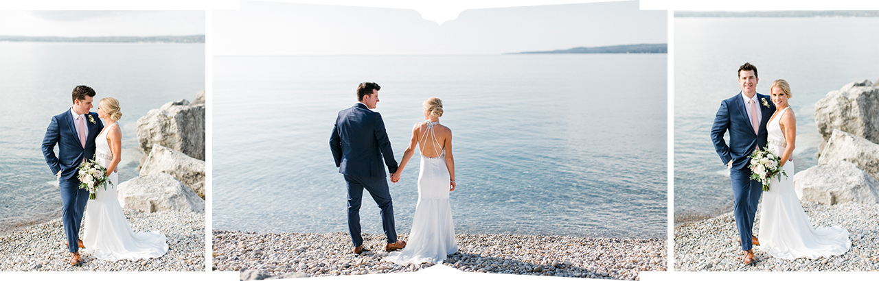 A portrait of a bride and groom on little traverse bay in Petoskey, Michigan