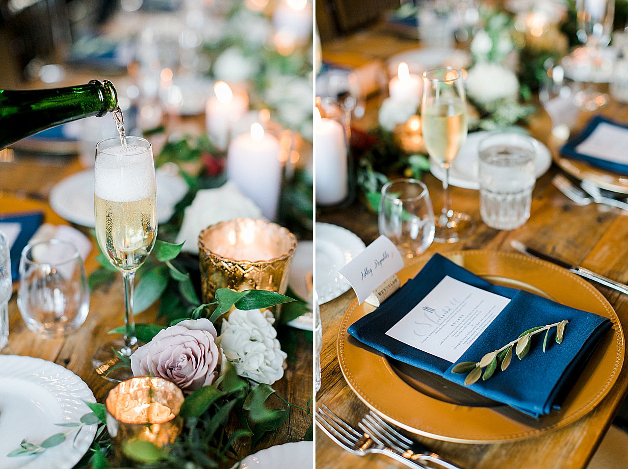 Wedding reception menus, gold chargers, and champagne at Shanahan's Barn in Charlevoix, Michigan