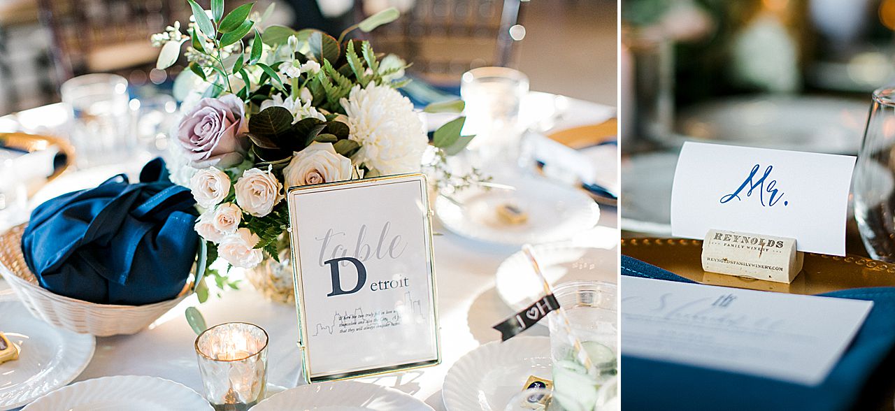 Wedding reception centerpieces and table cards at Shanahan's Barn