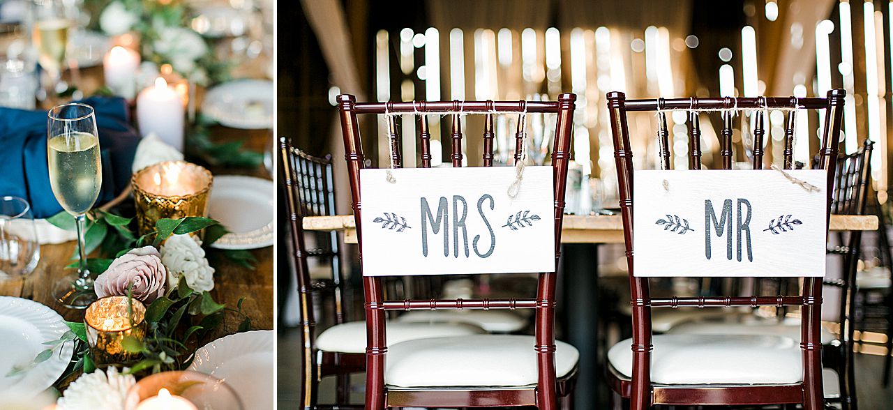 Wedding reception champagne and seats with Mr and Mrs tabled on the back at Shanahan's Barn