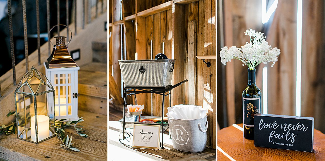 Wedding reception details in the dancing area at Shanahan's Barn in Charlevoix, Michigan