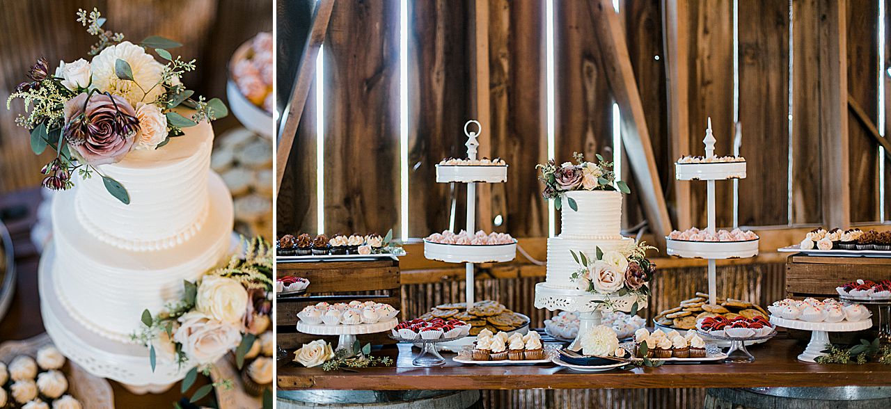 A dessert table at Shanahan's Barn with a cake, cupcakes, cookies, and cake balls