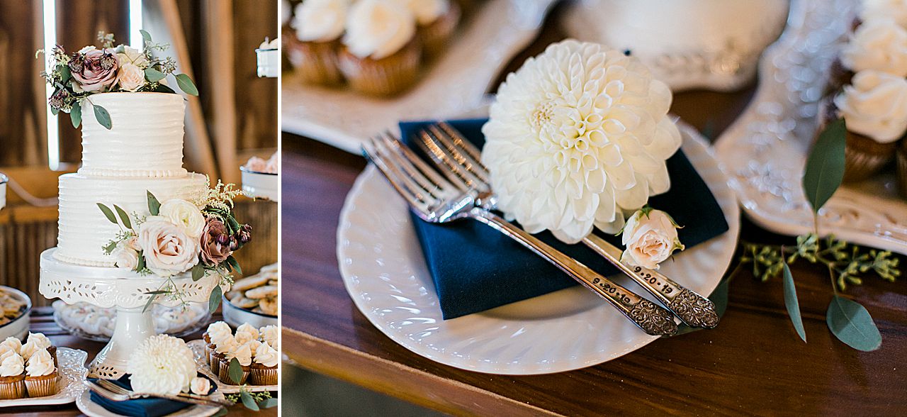 A wedding cake with flowers on the top in Charlevoix, Michigan