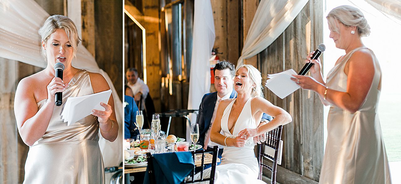 A maid of honor giving her speech at a wedding reception in Charlevoix, Michigan