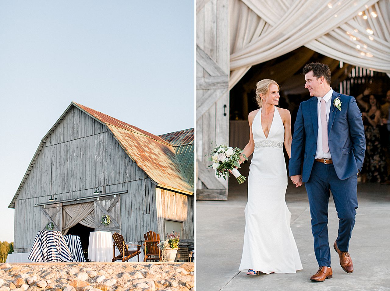 A brie and groom outside of Shanahan's Barn in Charlevoix, Michigan