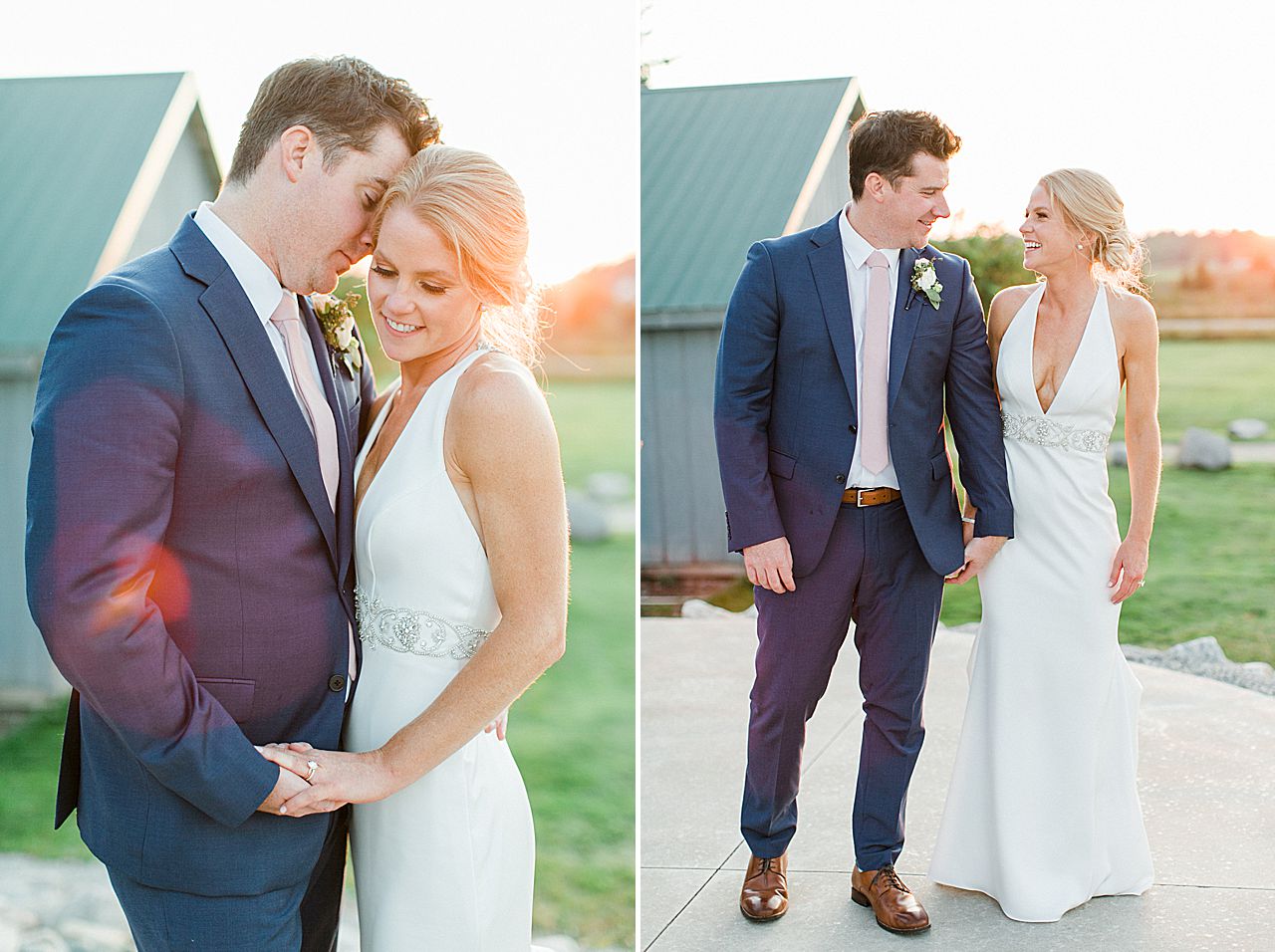 A bride and groom taking portraits at sunset outside of Shanahan's Barn