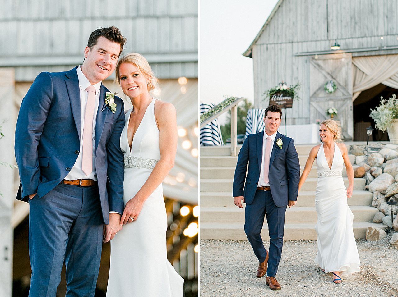A bride and groom taking portraits with Shanahan's Barn in the background