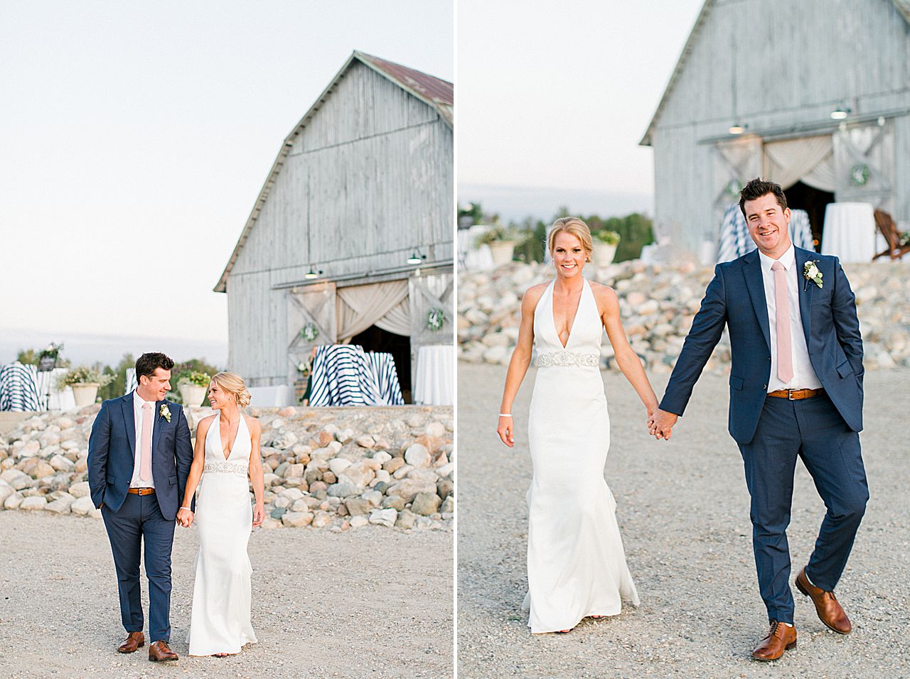 A bride and groom taking portraits with Shanahan's Barn in the background
