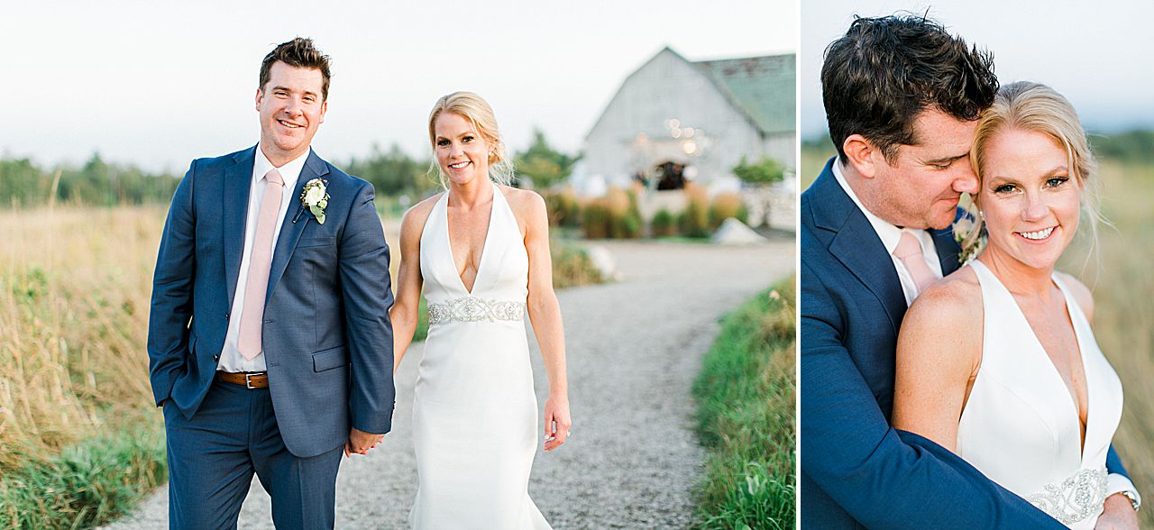 A bride and groom taking portraits in Charlevoix, Michigan