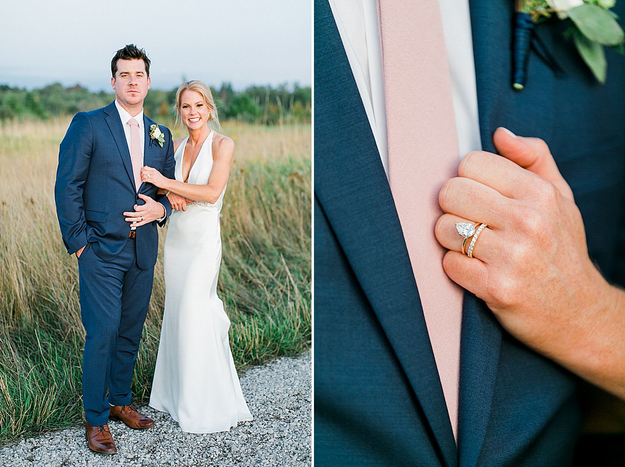 A bride and groom taking portraits in a field at sunset in Charlevoix, Michigan