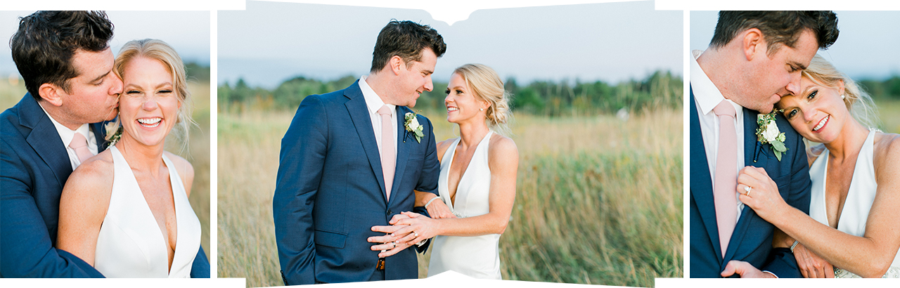 A bride and groom portraits in a field at sunset in Charlevoix, Michigan