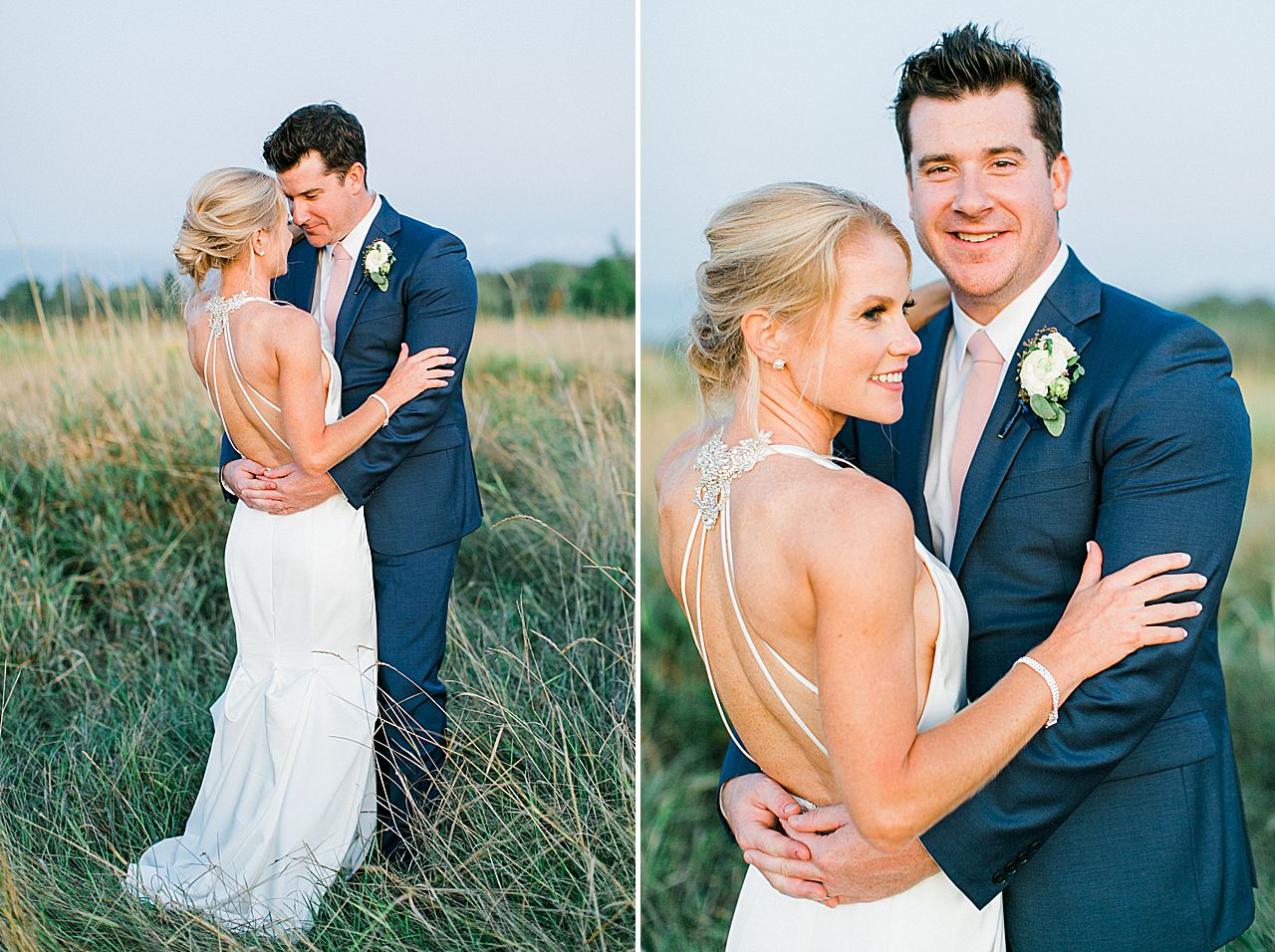 A bride and groom portraits in a field at sunset in Michigan