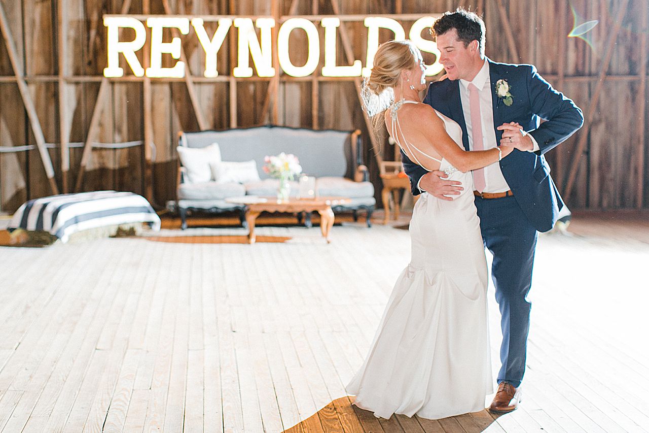 A bride and groom having their first dance in Shanahan's Barn