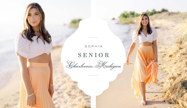 A senior portrait session of a girl walking along Lake Michigan on Charlevoix, Michigan