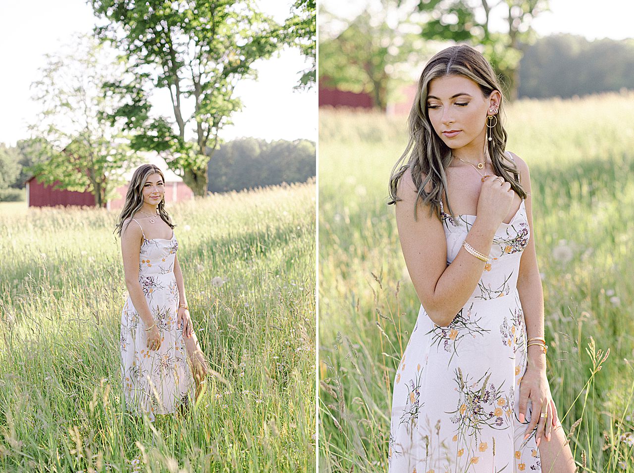 A high school senior girl taking portraits with a white dress on in Northern Michigan