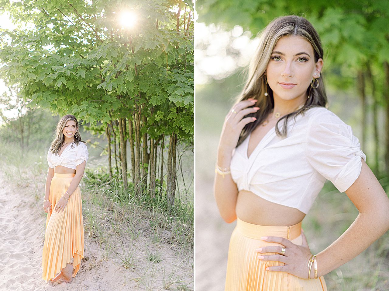 A portrait of a high school senior girl in a white top and yellow flowing skirt in the sand at the beach