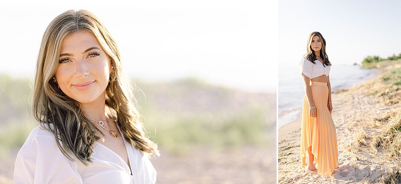 A high school senior taking portraits by Lake Michigan