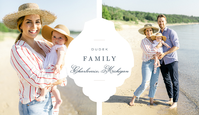 A family of 3 taking portraits along Lake Michigan in Charlevoix, Michigan