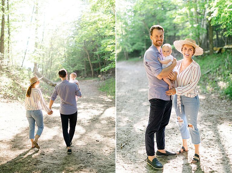A family of 3 taking portraits on a trail in the woods at Mt. McSauba in Charlevoix, Michigan