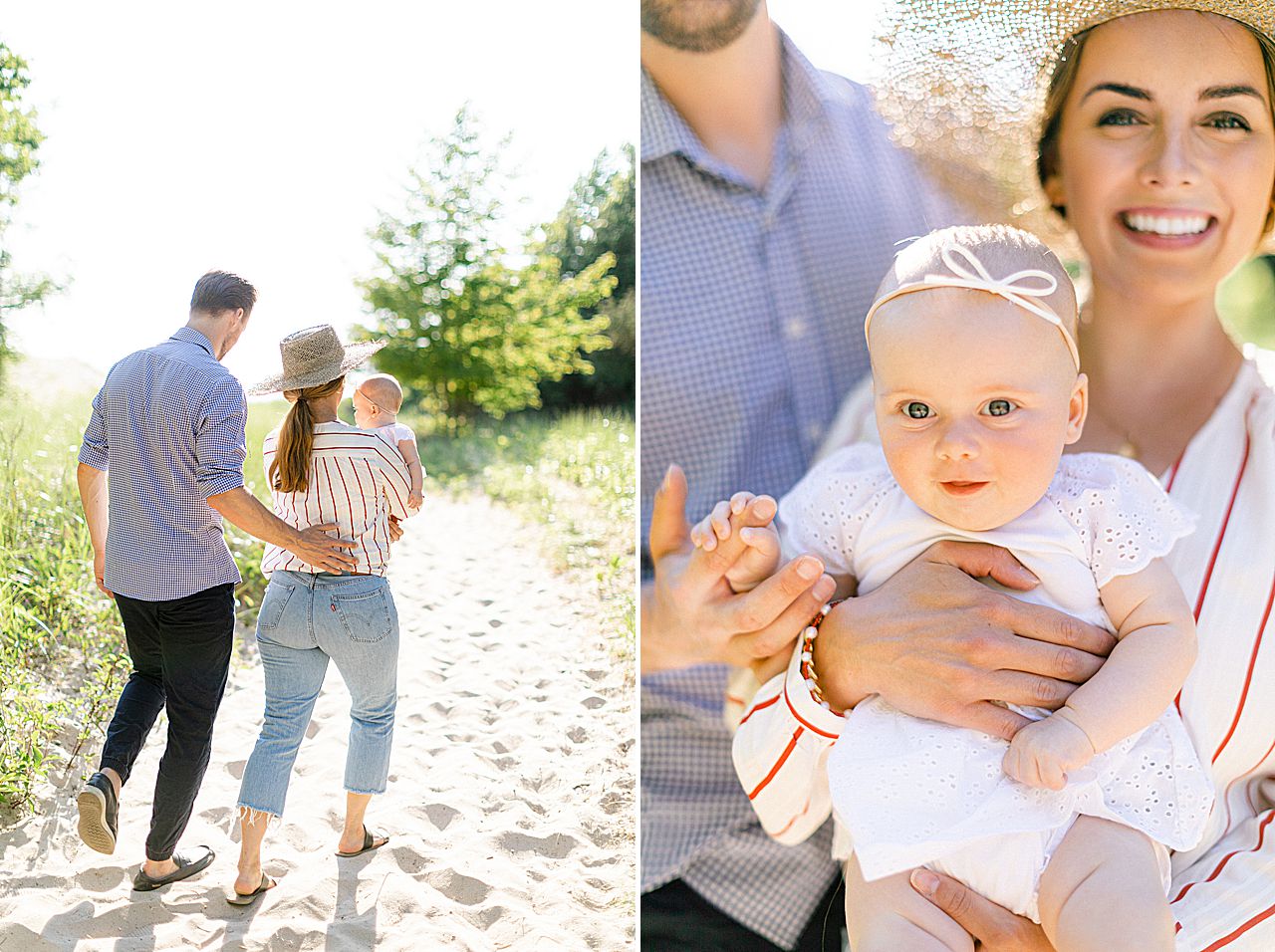 A family of 3 walking on a sand trail to Lake Michigan in Charlevoix, Michigan