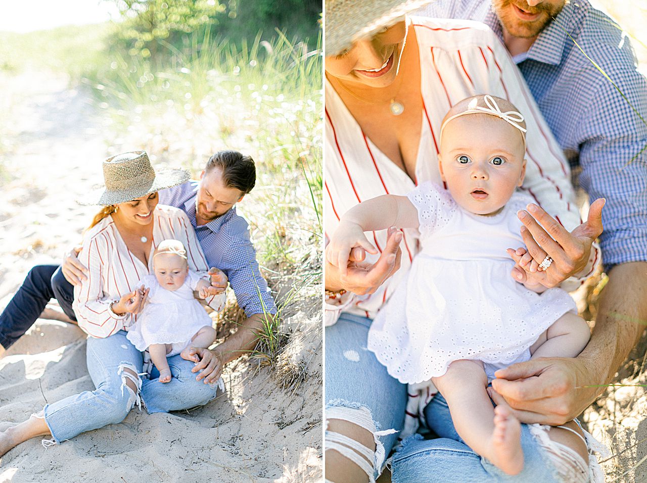 A mother and father sitting on sand dunes while playing with their baby daughter in Michigan