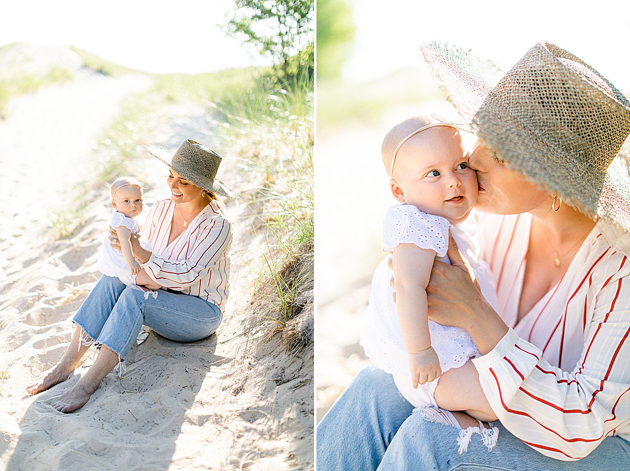 A mother sitting and holding her baby daughter on a sunny day in Michigan