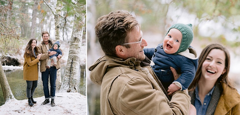 A family of 3 taking portraits near a creek in Glen Arbor Michigan