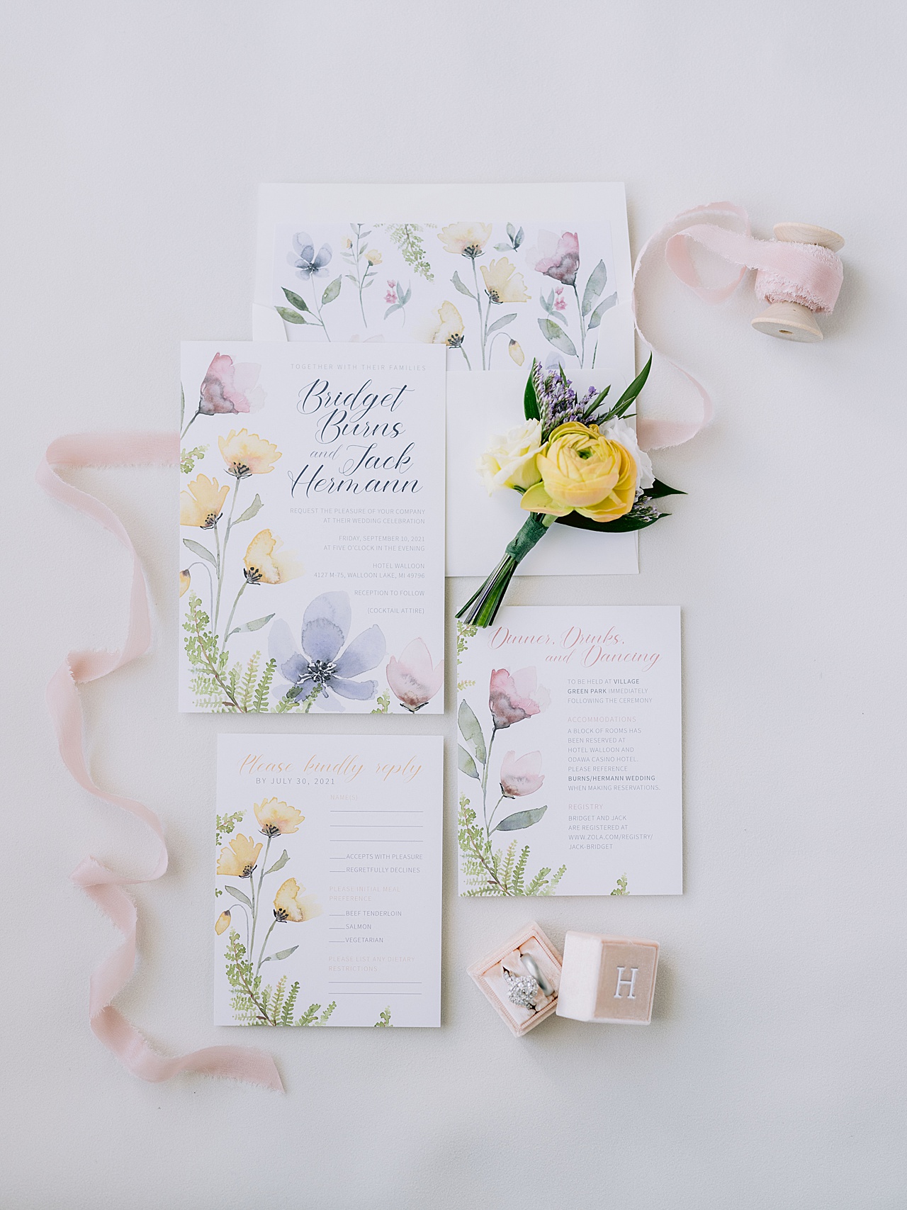 A beautiful, chic invitation suite with pastel color scheme.