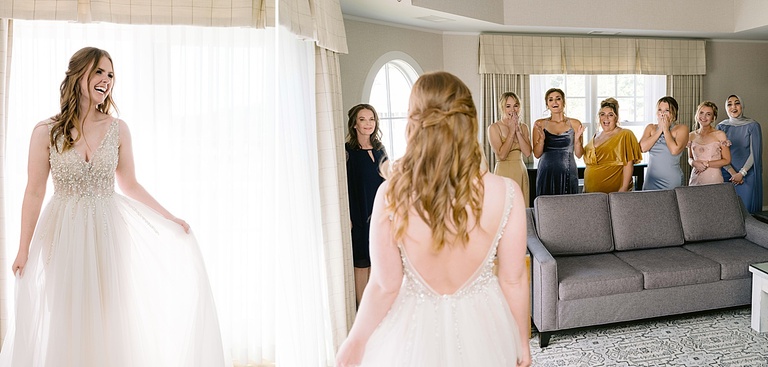 A bride doing a first look with her bridesmaids.