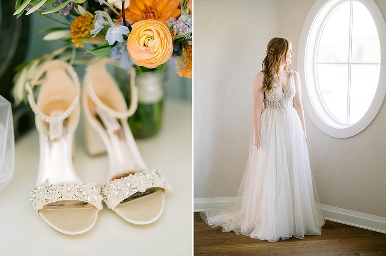 A bride smiling out of a window and a photograph of bridal shoes and bouquet.