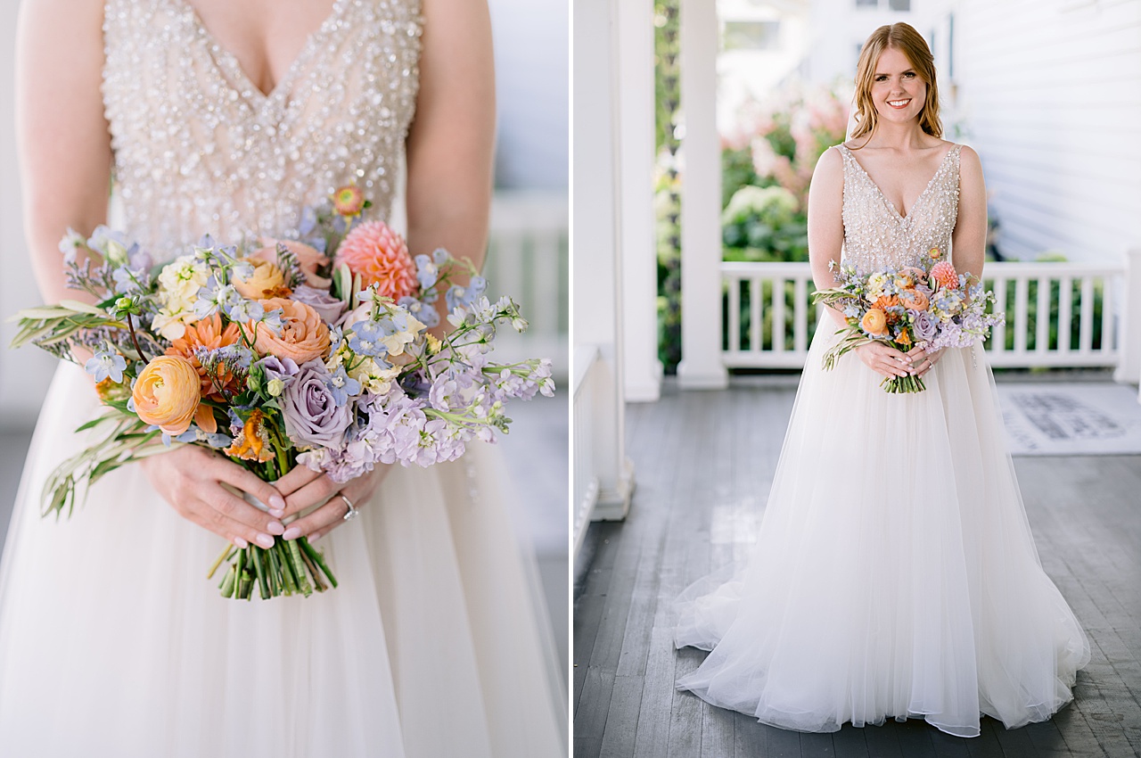 Closeup of a bouquet in blue, purple, pink, and orange and a bride holding the bouquet on a porch.