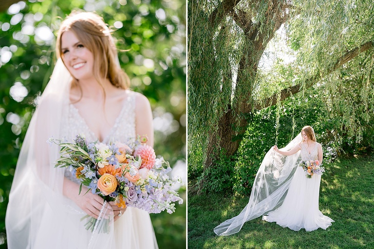 A bride standing under a willow tree holding a bouquet on a summer day.