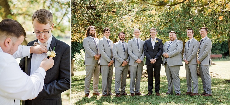 A groomsmen helping a groom pin on a boutonniere and a portrait of groom and groomsmen under a tree.