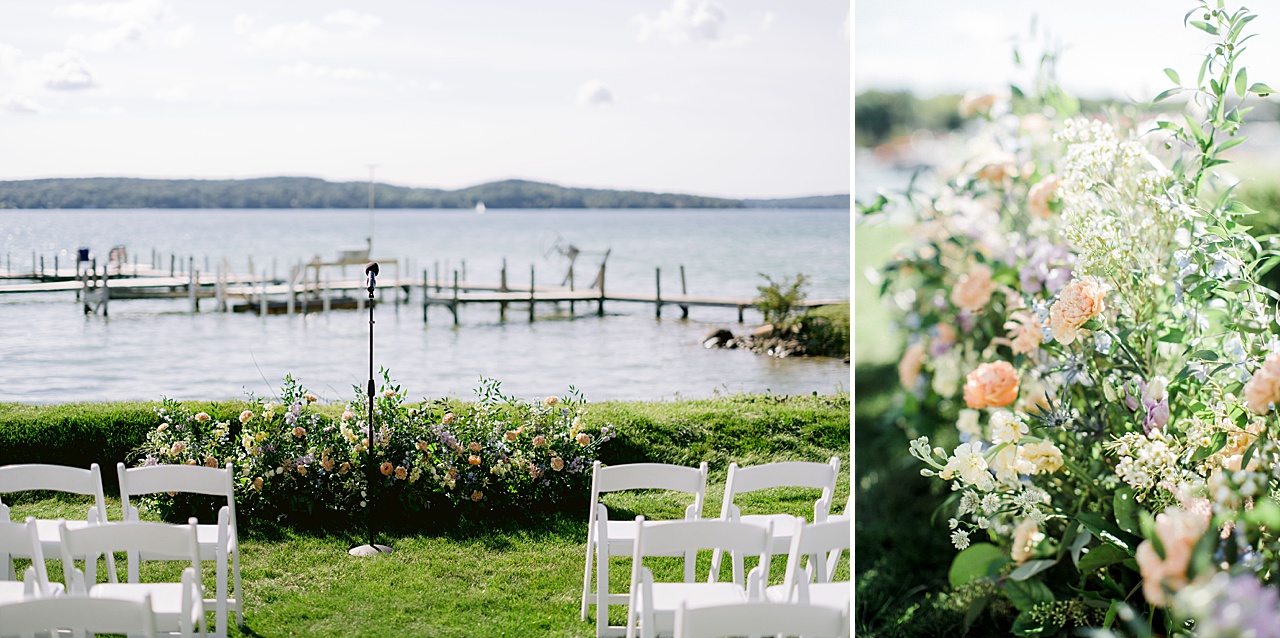 A detail shot of a ceremony spot on a lake with white folding chairs and a close up of a ground floral piece.