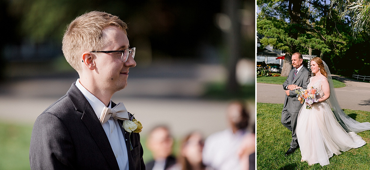 A groom smiling as he watches the bride being escorted by her father toward him.